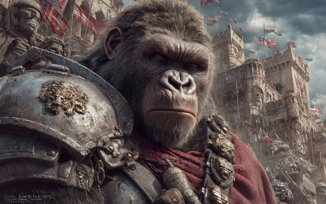 Gorilla Nixon clad in ornate battle armor stands before a grand European stone fortress adorned with red flags and banners, surrounded by soldiers and statues. The scene is tense and triumphant, with stormy skies and a sense of historic victory and strategic dominance. No visible text in the image.